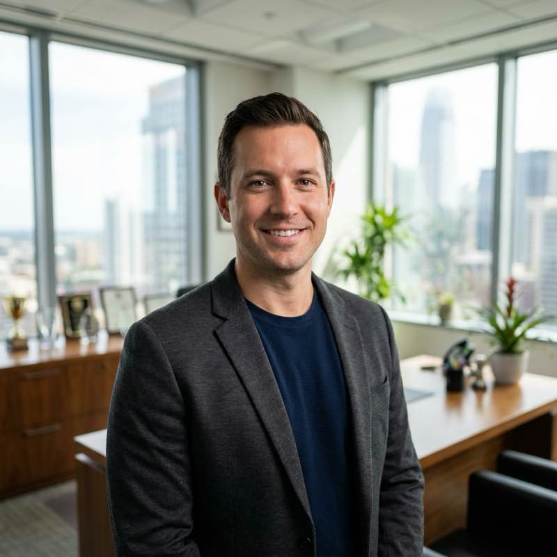 Smiling entrepreneur Alexander in a modern office