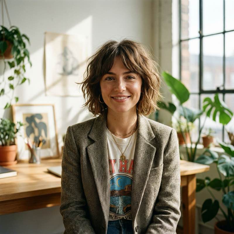 Portrait of freelancer Elena in a bright workspace